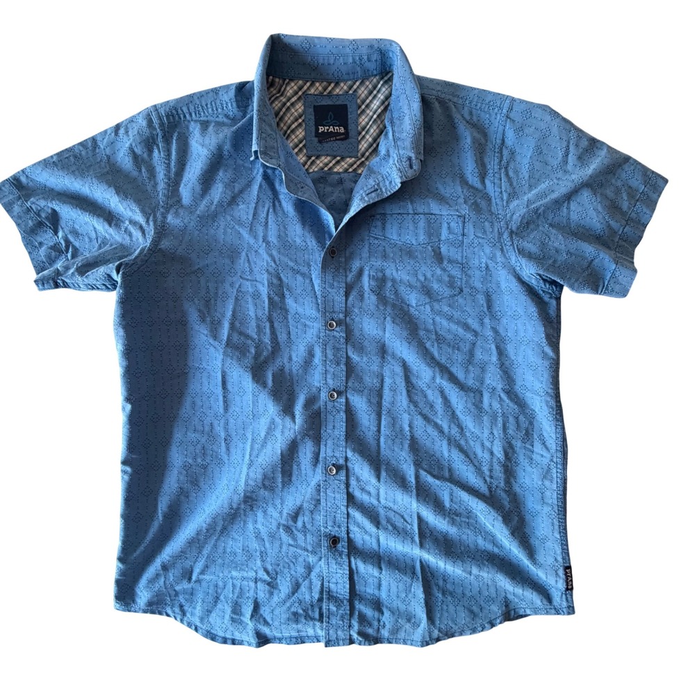 Prana Mens Large Blue Short Sleeve Geometric Embroidered Button Down Shirt LRG